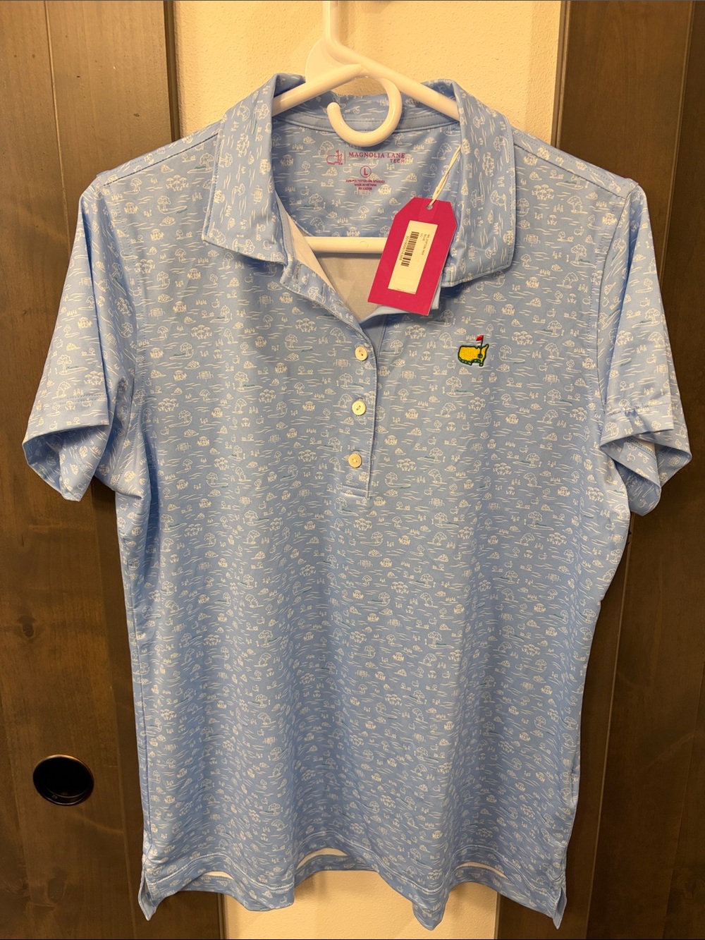 Masters Golf shirt Magnolia Lane size Large blue micro print Masters logo NWT